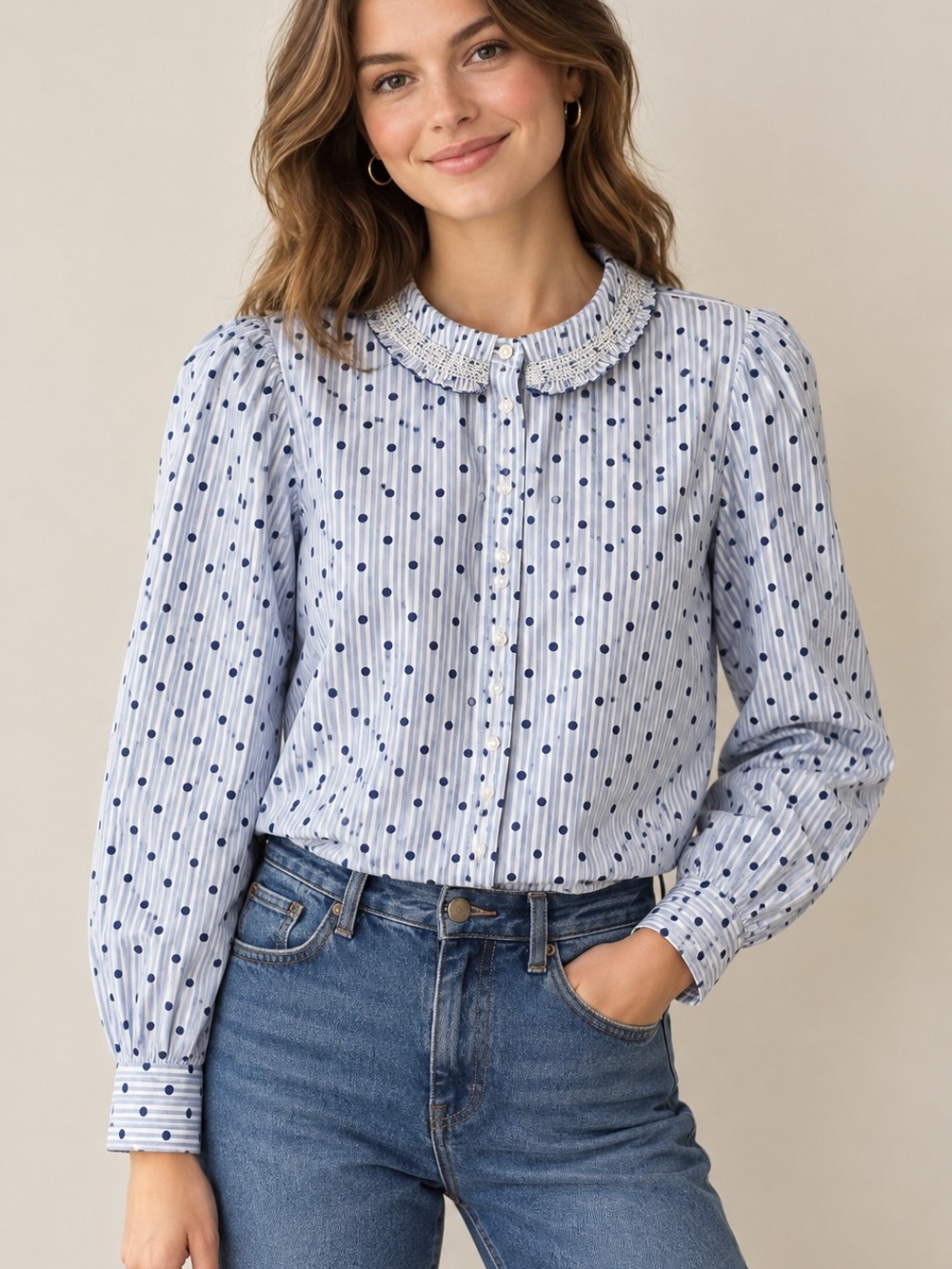 Boden Blue and Navy Polka Dot Ruffle-Collar Button-Down Top Size 6R
